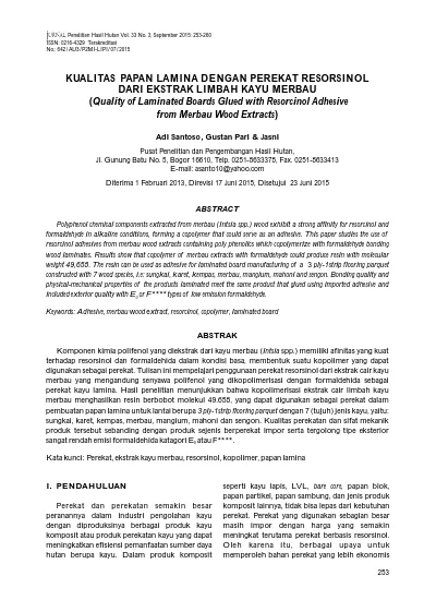 Kualitas Papan Lamina Dengan Perekat Resorsinol Dari Ekstrak Limbah Kayu Merbau From Merbau Wood Extracts