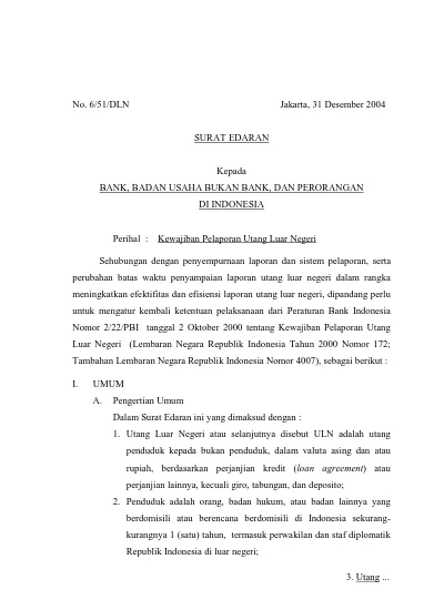 Surat Edaran Kepada Bank Badan Usaha Bukan Bank Dan Perorangan Di Indonesia Perihal Kewajiban Pelaporan Utang Luar Negeri