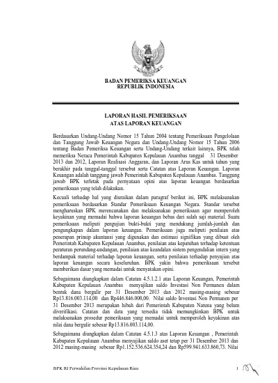 BADAN PEMERIKSA KEUANGAN REPUBLIK INDONESIA LAPORAN HASIL PEMERIKSAAN ...