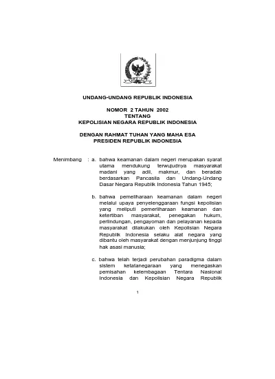 UNDANG-UNDANG REPUBLIK INDONESIA NOMOR 2 TAHUN 2002 TENTANG KEPOLISIAN ...