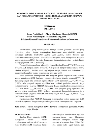 Pengaruh Sistem Manajemen Sdm Berbasis Kompetensi Dan Penilaian Prestasi Kerja Terhadap Kinerja Pegawai Ptpn Ix Semarang Setiyono Em 11 1