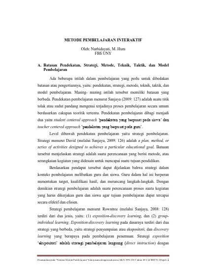 Metode Pembelajaran Interaktif Oleh Nurhidayati M Hum Fbs Uny A Batasan Pendekatan Strategi Metode Teknik Taktik Dan Model Pembelajaran