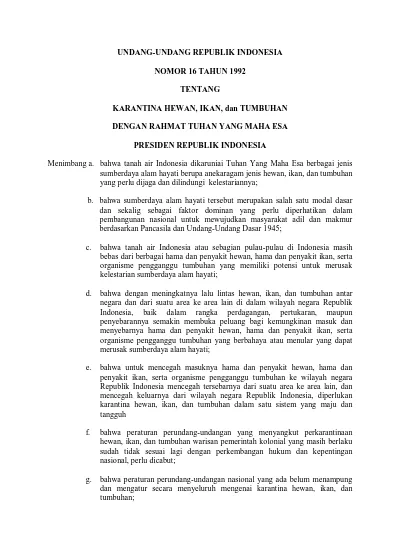 UNDANG-UNDANG REPUBLIK INDONESIA NOMOR 16 TAHUN 1992 TENTANG. KARANTINA ...