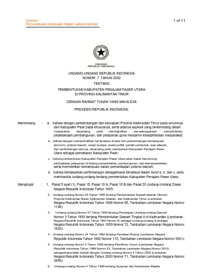 UNDANG-UNDANG REPUBLIK INDONESIA NOMOR 7 TAHUN 2002 TENTANG PEMBENTUKAN ...