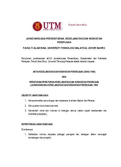 Jawatankuasa Persekitaran Keselamatan Dan Kesihatan Pekerjaan Fakulti Alam Bina Universiti Teknologi Malaysia Johor Bahru