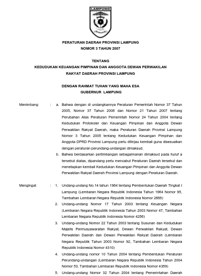 PERATURAN DAERAH PROVINSI LAMPUNG NOMOR 3 TAHUN 2007 TENTANG KEDUDUKAN ...