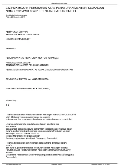 237/PMK.05/2011 PERUBAHAN ATAS PERATURAN MENTERI KEUANGAN NOMOR 228/PMK ...