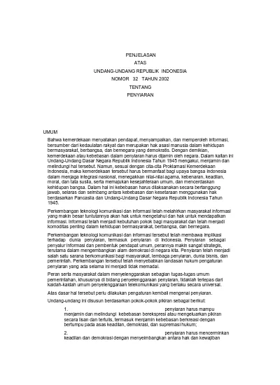 PENJELASAN ATAS UNDANG-UNDANG REPUBLIK INDONESIA NOMOR 32 TAHUN 2002 ...