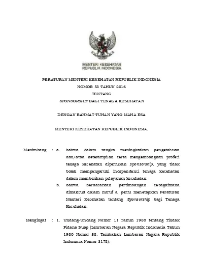 PERATURAN MENTERI KESEHATAN REPUBLIK INDONESIA NOMOR 58 TAHUN 2016 ...