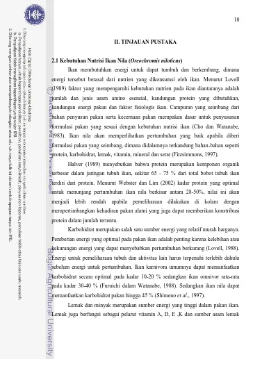 II. TINJAUAN PUSTAKA 2.1 Kebutuhan Nutrisi Ikan Nila ( Oreochromis ...