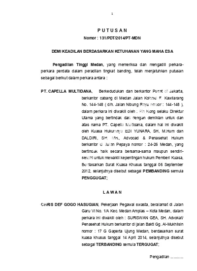 P U T U S A N. Nomor : 131/PDT/2014/PT-MDN DEMI KEADILAN BERDASARKAN ...