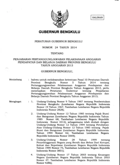 GUBERNUR BENGKULU. 1. Undang-Undang Nomor 9 Tahun 1967 Tentang ...