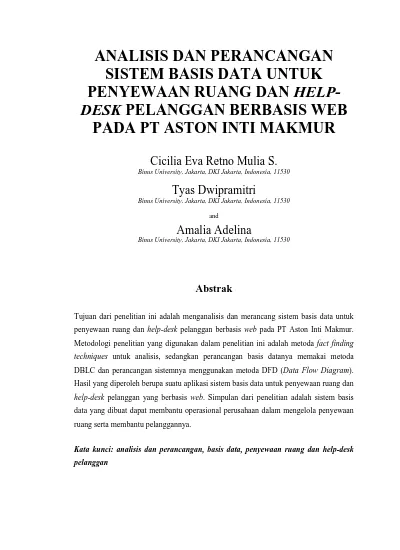 ANALISIS DAN PERANCANGAN SISTEM BASIS DATA UNTUK PENYEWAAN RUANG DAN ...