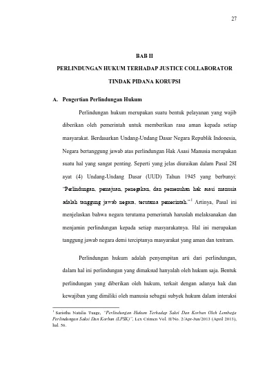 Bab Ii Perlindungan Hukum Terhadap Justice Collaborator Tindak Pidana Korupsi Diberikan Oleh Pemerintah Untuk Memberikan Rasa Aman Kepada Setiap