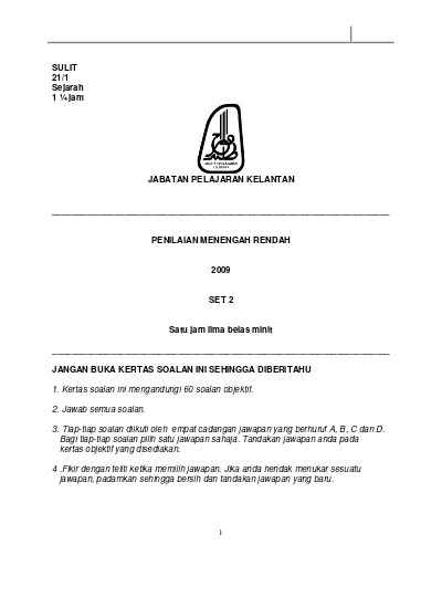 Jabatan Pelajaran Kelantan Penilaian Menengah Rendah Set 4 Satu Jam Lima Belas Minit Jangan Buka Kertas Soalan Ini Sehingga Diberitahu
