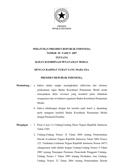 PERATURAN PRESIDEN REPUBLIK INDONESIA NOMOR 90 TAHUN 2007 TENTANG BADAN ...