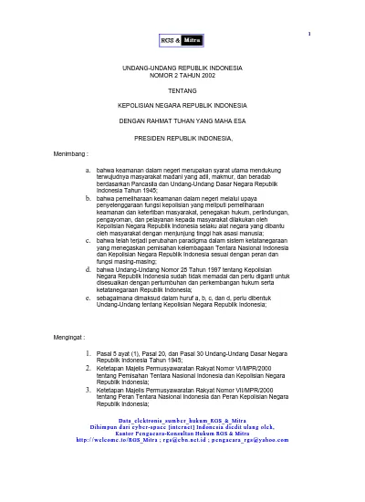 UNDANG-UNDANG REPUBLIK INDONESIA NOMOR 2 TAHUN 2002 TENTANG KEPOLISIAN ...