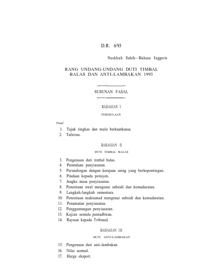 D R 6 93 Rang Undang Undang Duti Timbal Balas Dan Anti Lambakan 1993 Susunan Fasal Bahagian Permulaan