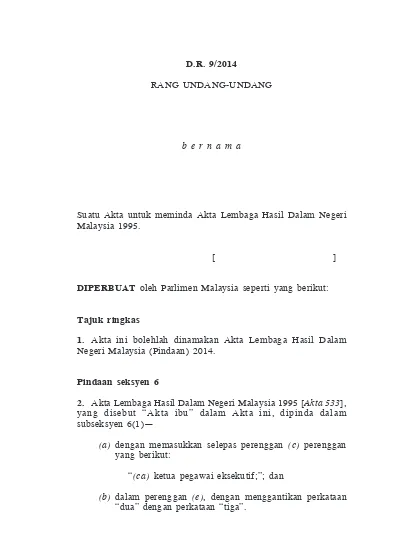 Lembaga Hasil Dalam Negeri Malaysia (Pindaan) 1 D.R. 9/2014 RANG UNDANG ...