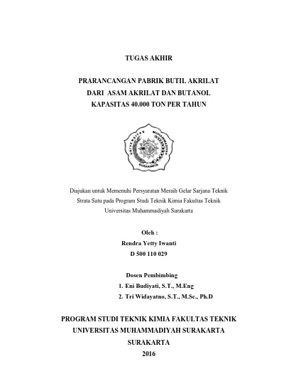 TUGAS AKHIR PRARANCANGAN PABRIK BUTIL AKRILAT DARI ASAM AKRILAT DAN ...