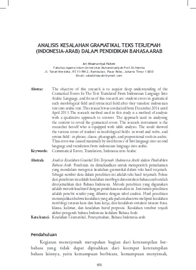 Analisis Kesalahan Gramatikal Teks Terjemah Indonesia Arab Dalam Pendidikan Bahasa Arab