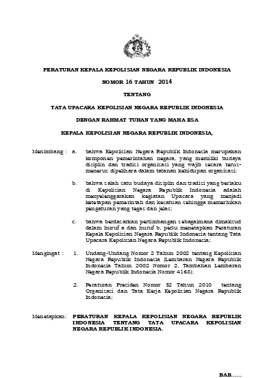 PERATURAN KEPALA KEPOLISIAN NEGARA REPUBLIK INDONESIA NOMOR 16 TAHUN ...