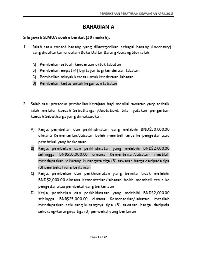 BAHAGIAN A. 1. Salah satu contoh barang yang dikategorikan sebagai 