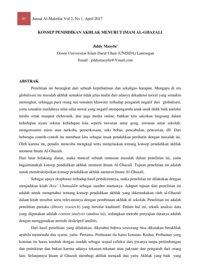 Konsep Akhlak Dalam Pemikiran Al Ghazali Oleh Agus Salim Lubis 1 Abstract