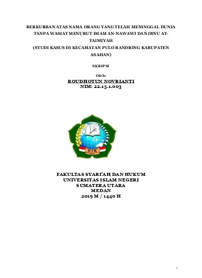 Berkurban Atas Nama Orang Yang Telah Meninggal Dunia Tanpa Wasiat Menurut Imam An Nawawi Dan Ibnu At Taimiyah Studi Kasus Di Kecamatan Pulo Bandring Kabupaten Asahan