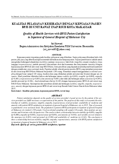 Top Pdf Kualitas Pelayanan Kesehatan Dengan Kepuasan Pasien Bpjs Di Unit Rawat Inap Rsud Kota Makassar 123dok Com