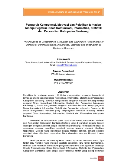 Pengaruh Kompetensi Motivasi Dan Pelatihan Terhadap Kinerja Pegawai Dinas Komunikasi Informatika Statistik Dan Persandian Kabupaten Bantaeng