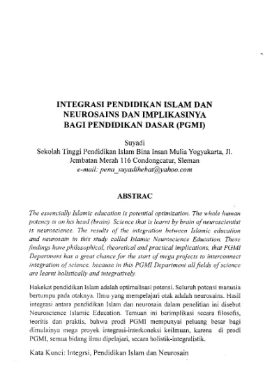 Integrasi Pendidikan Islam Dan Neurosains Dan Implikasinya Bagi Pendidikan Dasar Pgmi