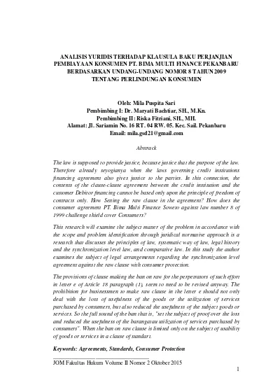 Top PDF Analisis Yuridis terhadap Klausula Baku Perjanjian Pembiayaan  Konsumen PT. Bima Multi Finance Pekanbaru Berdasarkan Undang-undang Nomor 8  Tahun 2009 Tentang Perlindungan Konsumen - 123dok.com