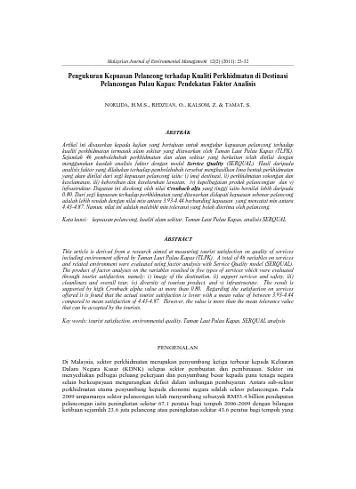Pengukuran Kepuasan Pelancong Terhadap Kualiti Perkhidmatan Di Destinasi Pelancongan Pulau Kapas Pendekatan Faktor Analisis