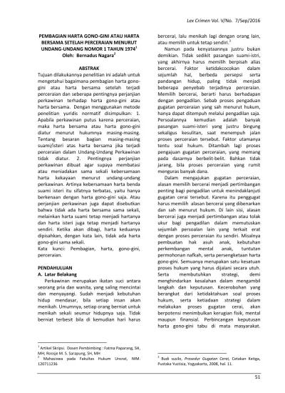 Top Pdf Pembagian Harta Gono Gini Atau Harta Bersama Setelah Perceraian Menurut Undang Undang Nomor 1 Tahun 1974 123dok Com