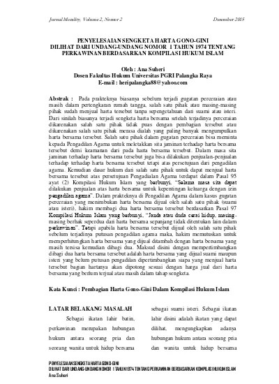 Top Pdf Penyelesaian Sengketa Harta Gono Gini Dilihat Dari Undang Undang Nomor 1 Tahun 1974 Tentang Perkawinan Berdasarkan Kompilasi Hukum Islam 123dok Com