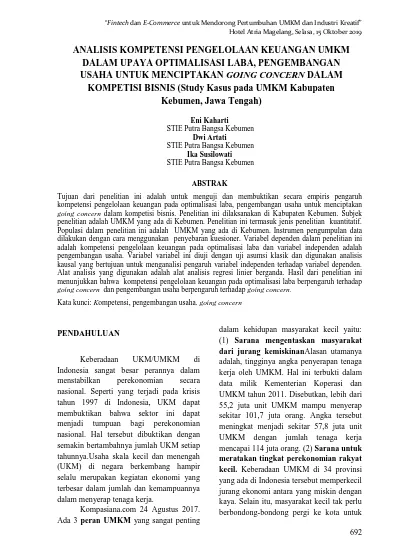 Analisis Kompetensi Pengelolaan Keuangan Umkm Dalam Upaya Optimalisasi Laba Pengembangan Usaha Untuk Menciptakan Going Concern Dalam Kompetisi Bisnis Study Kasus Pada Umkm Kabupaten Kebumen Jawa Tengah