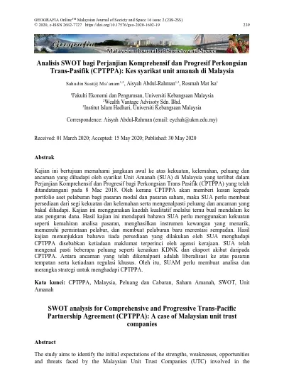 Analisis Swot Bagi Perjanjian Komprehensif Dan Progresif Perkongsian Trans Pasifik Cptppa Kes Syarikat Unit Amanah Di Malaysia