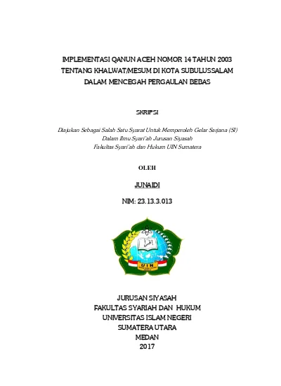 Implementasi Qanun Aceh Nomor 14 Tahun 2003 Tentang Khalwat/mesum Di ...