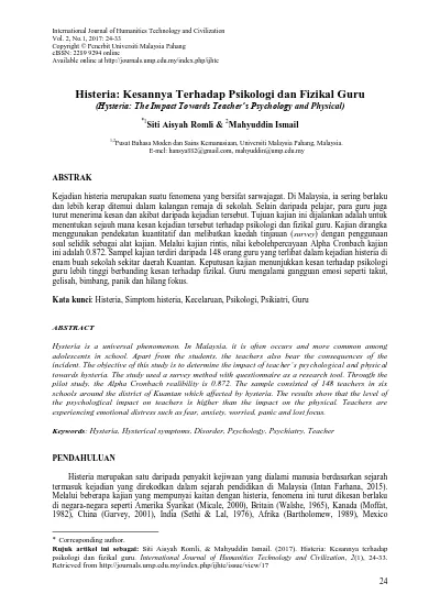 Histeria Kesannya Terhadap Psikologi Dan Fizikal Guru
