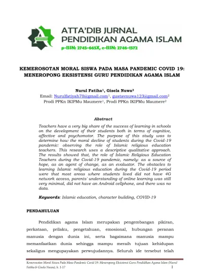Kemerosotan Moral Siswa Pada Masa Pandemic Covid 19 Meneropong Eksistensi Guru Pendidikan Agama Islam