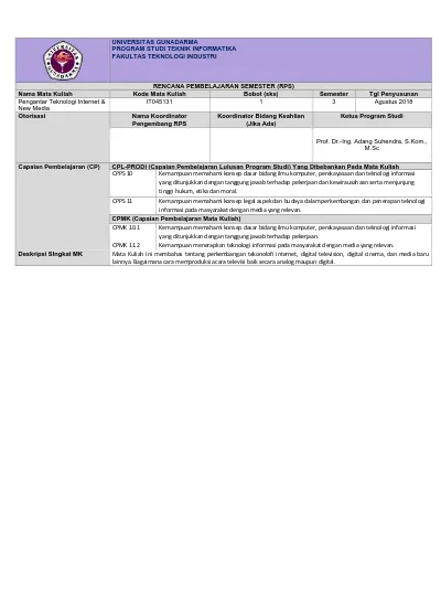 RENCANA PEMBELAJARAN SEMESTER (RPS) Nama Mata Kuliah Kode Mata Kuliah ...