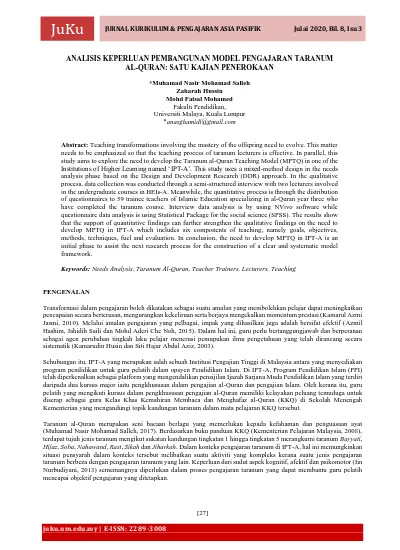 Analisis Keperluan Pembangunan Model Pengajaran Taranum Al Quran Satu Kajian Penerokaan