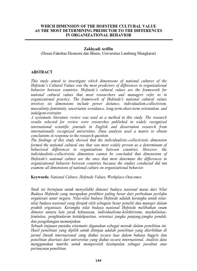 Which Dimension Of The Hofstede Cultural Value As The Most Determining Predictor To The Differences In Organizational Behavior