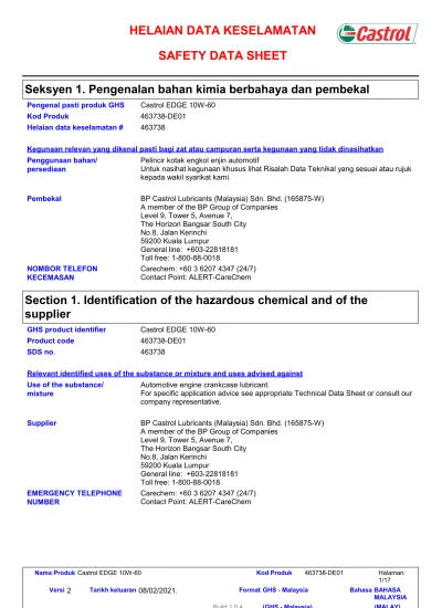 HELAIAN DATA KESELAMATAN SAFETY DATA SHEET