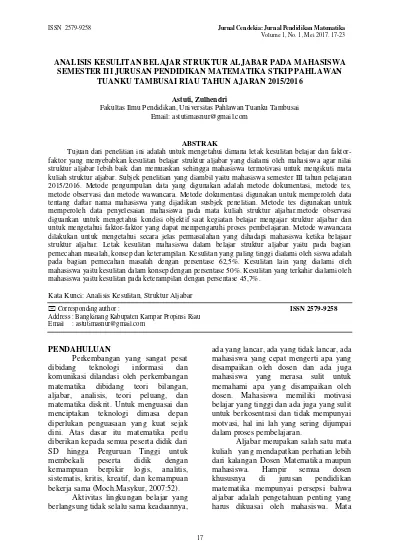 Analisis Kesulitan Belajar Struktur Aljabar Pada Mahasiswa Semester III ...