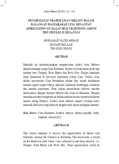 Penghayatan Tradisi Lisan Melayu Dalam Kalangan Masyarakat Cina Kelantan Appreciation Of Malay Oral Traditions Among The Chinese In Kelantan