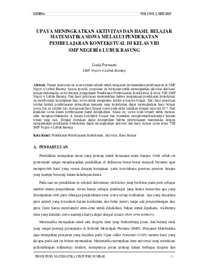 Top Pdf Upaya Meningkatkan Aktivitas Dan Hasil Belajar Matematika Siswa Melalui Pendekatan Pembelajaran Kontekstual Di Kelas Viii Smp Negeri 6 Lubuk Basung 123dok Com