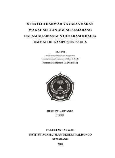 Strategi Dakwah Yayasan Badan Wakaf Sultan Agung Semarang Dalam Membangun Generasi Khaira Ummah Di Kampus Unissula