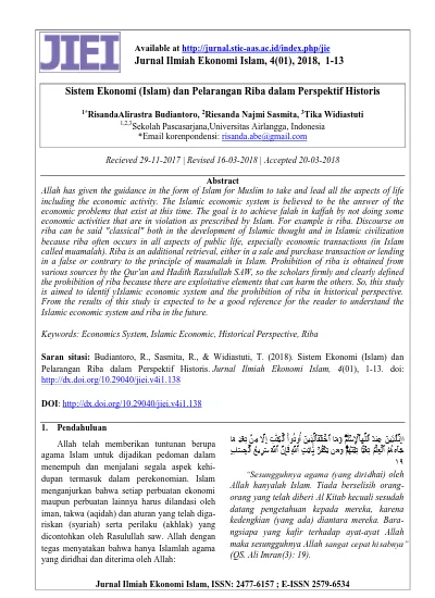 Sistem Ekonomi (Islam) Dan Pelarangan Riba Dalam Perspektif Historis